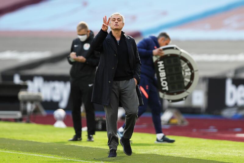 Tottenham manager Jose Mourinho during the match against West Ham United at London Stadium. Getty