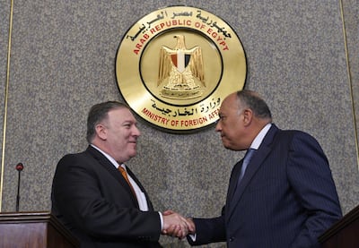 U.S. Secretary of State Mike Pompeo shakes hands after holding a press conference with Egyptian Foreign Minister Sameh Shoukry at the ministry of foreign affairs in Cairo, Egypt, January 10, 2019. Andrew Caballero-Reynolds/Pool via REUTERS