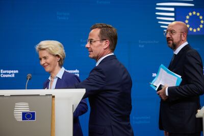 Charles Michel, President of the European Council, right, Ursula von der Leyen, President of the European Commission, left, and Ulf Kristersson, Sweden's Prime Minister, following a EU Council summit in Brussels on June 30. Bloomberg