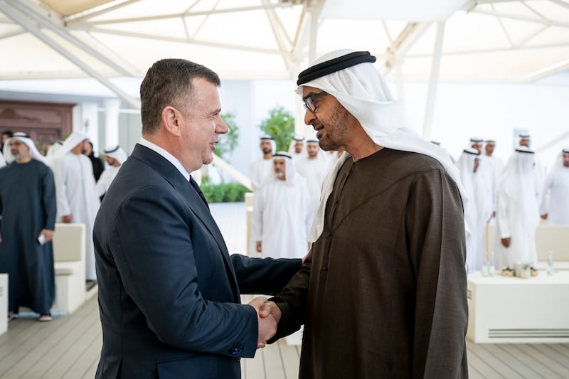President Sheikh Mohamed receives Taulant Balla, Minister of Interior of Albania, during a Sea Palace barza. Hamad Al Kaabi / UAE Presidential Court 