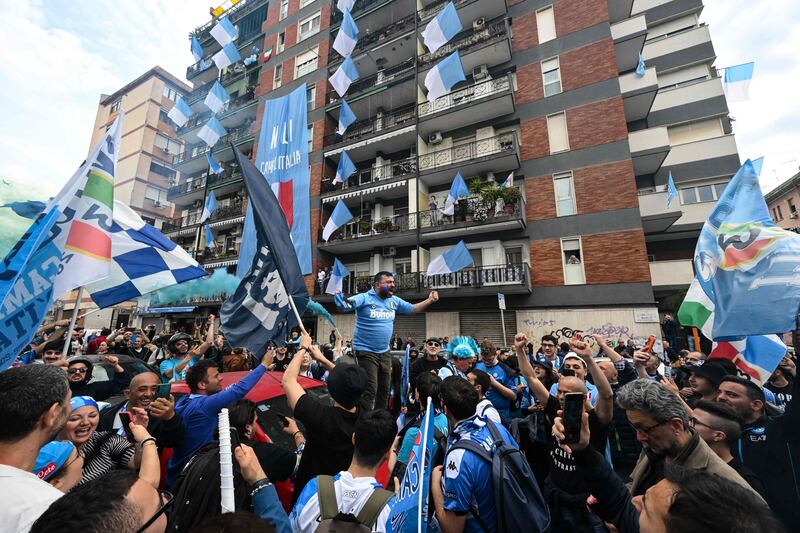 Napoli supporters gather before the Serie A against Salernitana, in which the club could win its first Scudetto championship in 33 years. AFP