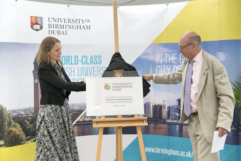 DUBAI, UNITED ARAB EMIRATES - Feb 27, 2018.

Professor Sir David Eastwood, University of Birmingham Vice-Chancellor, unveils the plaque at the opening of the Dubai campus of The University of Birmingham.

(Photo: Reem Mohammed/ The National)

Reporter: Rpberta Pennington
Section: NA