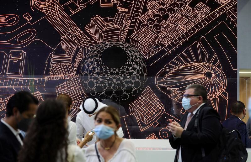 Visitors at the EXPO 2020 Dubai stand during the Arabian Travel Market held at Dubai World Trade Centre in Dubai on May 16,2021. Pawan Singh / The National. Story by Deena