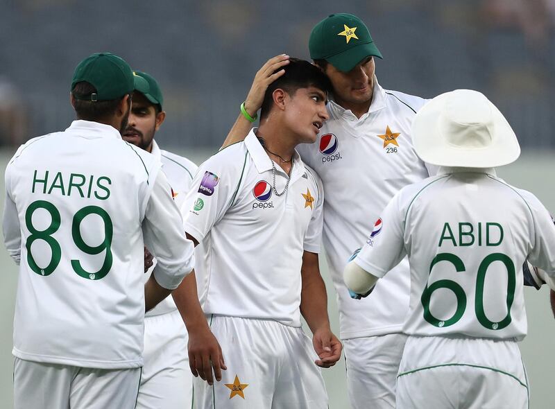 PERTH, AUSTRALIA - NOVEMBER 13: Shaheen Shah Afridi of Pakistan congratulates Naseem Shah after dismissing Marcus Harris of Australia during day three of the International Tour match between Australia A and Pakistan at Optus Stadium on November 13, 2019 in Perth, Australia. (Photo by Paul Kane/Getty Images)