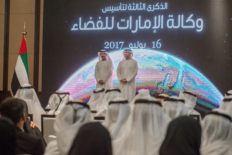 16 July 2017: His Excellency Dr. Ahmad bin Abdullah Humaid Belhoul Al Falasi  Minister of State for Higher Education, Chairman UAE Space Agency with H.E. Dr. Mohammed Al Ahbabi, Director General of the UAE Space Agency Celebrations during the 3rd anniversary of the UAE Space Agency which held at Dusit Thani, UAE Abu Dhabi, Vidhyaa Chandramohan for The National