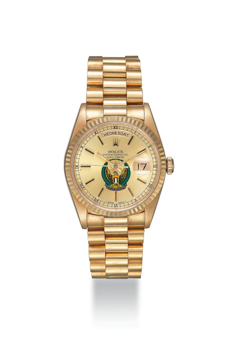 A steel Oysterdate Rolex with the UAE crest sold for $10,000. Christie's