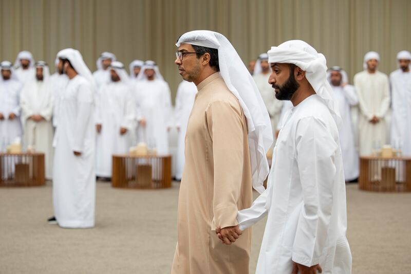 Sheikh Mansour and Sheikh Khaled bin Sultan bin Zayed attend the condolences. Ryan Carter / UAE Presidential Court 