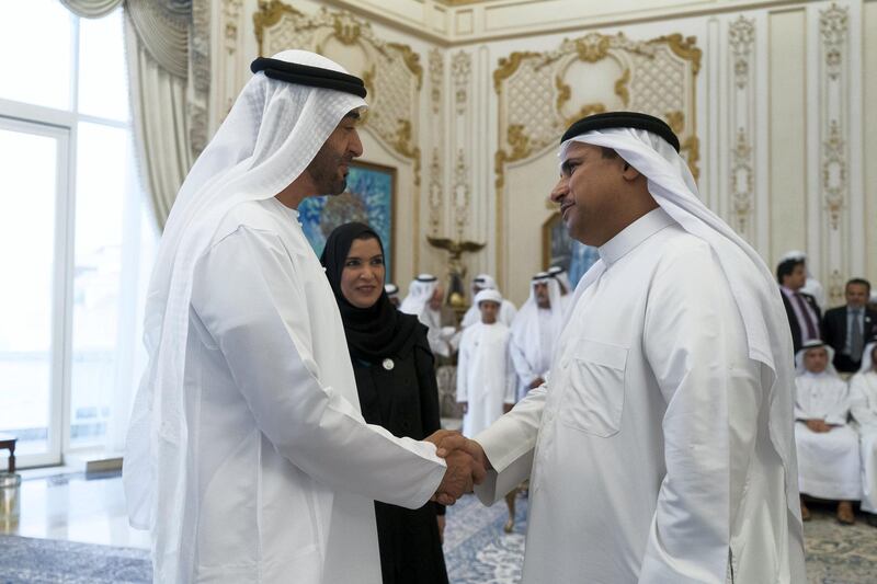 ABU DHABI, UNITED ARAB EMIRATES - October 07, 2019: HH Sheikh Mohamed bin Zayed Al Nahyan, Crown Prince of Abu Dhabi and Deputy Supreme Commander of the UAE Armed Forces (L), receives a member of the Arab Parliament (R), during a Sea Palace barza. Seen with HE Dr Amal Abdullah Al Qubaisi, Speaker of the Federal National Council (FNC) (C).


( Rashed Al Mansoori / Ministry of Presidential Affairs )
---