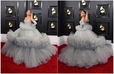 This combination of photos shows fashion worn by nominee Ariana Grande at the 62nd annual Grammy Awards at the Staples Center on Sunday, Jan. 26, 2020, in Los Angeles. (Photos by Jordan Strauss/Invision/AP)