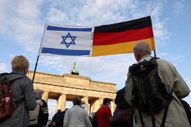 The Israeli and German flags are displayed during a rally in solidarity with Israel and against anti-Semitism in Berlin. Reuters