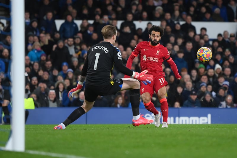 Egyptian forward Mohamed Salah enjoyed another sensational year of goalscoring for Liverpool, including this effort against arch rivals Everton at Goodison Park. Getty