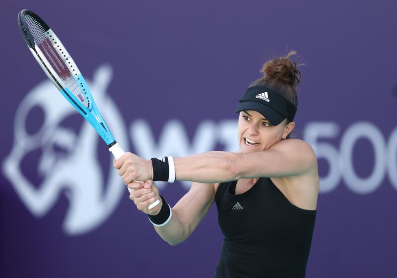 ABU DHABI, UNITED ARAB EMIRATES - JANUARY 11:  Maria Sakkari of Greece in action against Sofia Kenin of United States during her Women's Singles match on Day Six of the Abu Dhabi WTA Women's Tennis Open at Zayed Sports City on January 11, 2021 in Abu Dhabi, United Arab Emirates. (Photo by Francois Nel/Getty Images)