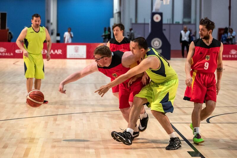 ABU DHABI, UNITED ARAB EMIRATES. 15 MARCH 2019. Special Olympics action at ADNEC. Andora vs Germany, Basketball. (Photo: Antonie Robertson/The National) Journalist: None: National.