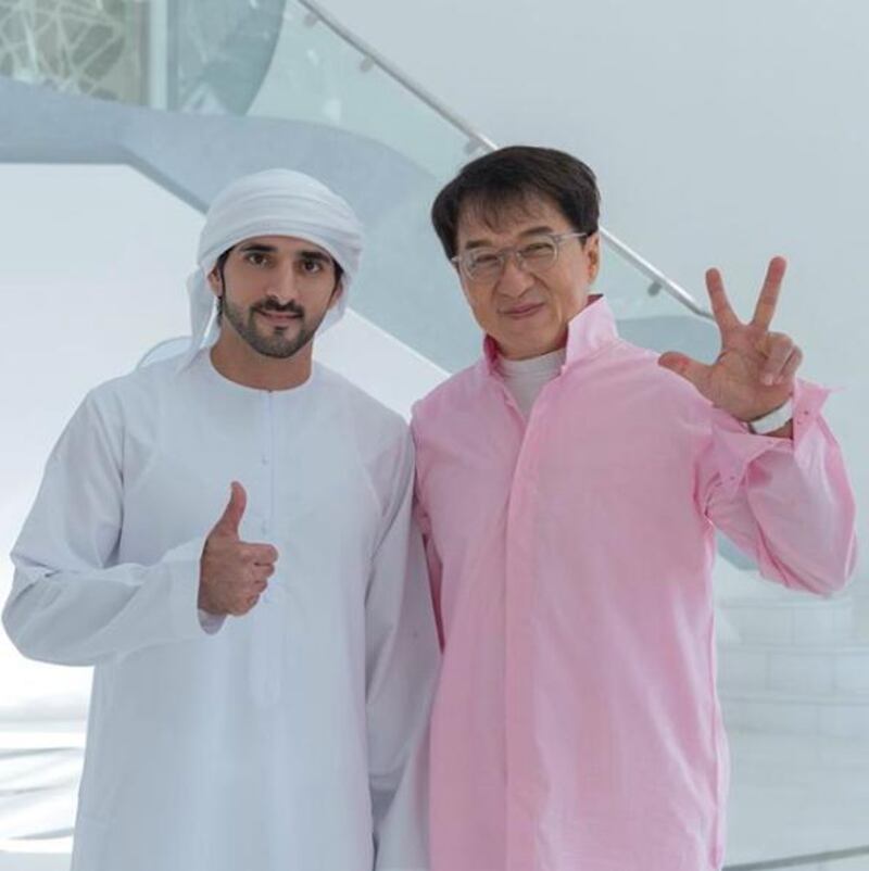 Sheikh Hamdan bin Mohammed, the Crown Prince of Dubai, with actor Jackie Chan, who has been in the UAE shooting 'Vanguard'. Instagram / Faz 3