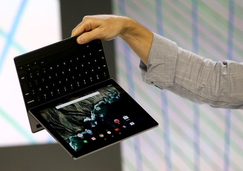 Google product manager Andrew Bowers announces the new Android-based Pixel C tablet. Justin Sullivan / Getty Images / AFP