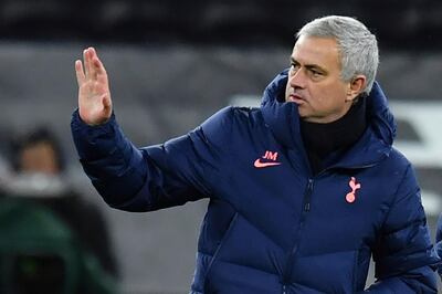 Tottenham's manager Jose Mourinho gestures as his team won the EFL Cup semi-final soccer match between Tottenham Hotspur and Brentford at Tottenham Hotspur Stadium in London, England, Tuesday, Jan. 5, 2021. (Glyn Kirk/Pool via AP)