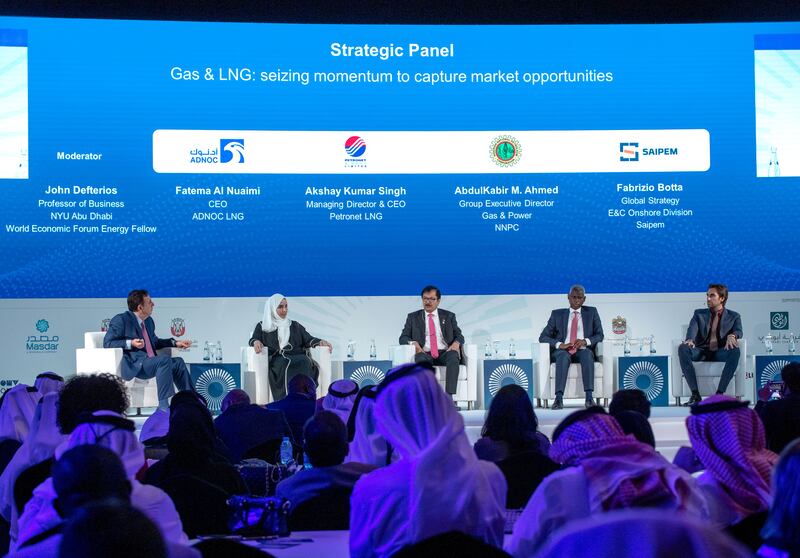 Strategic panel: Gas and LNG: Seizing Momentum to Capture Market Opportunities. From left, John Defterios, professor of business, NYU Abu Dhabi; Fatema Al Nuaimi, chief executive, Adnoc LNG; Akshay Kumar Singh, managing director chief executive, Petronet LNG; AbdulKabir M Ahmed, group executive director gas and power, NNPC; and Fabrizio Botta, global strategy E&C onshore division, Saipem.
All photos Victor Besa / The National.