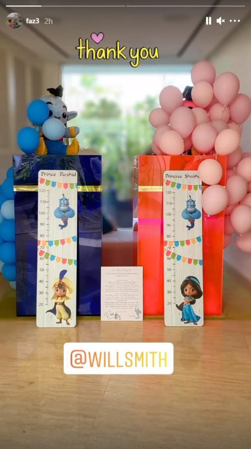 The presents Will Smith sent to Sheikh Hamdan's twins. Faz3 Instagram