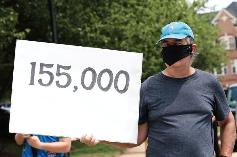 A man holds a sign reading "155,000" to represent the number of victims of the Covid-19 in the United States, while US President Donald Trump plays golf at Trump National Golf Club, in Sterling, Virginia, USA. Reuters