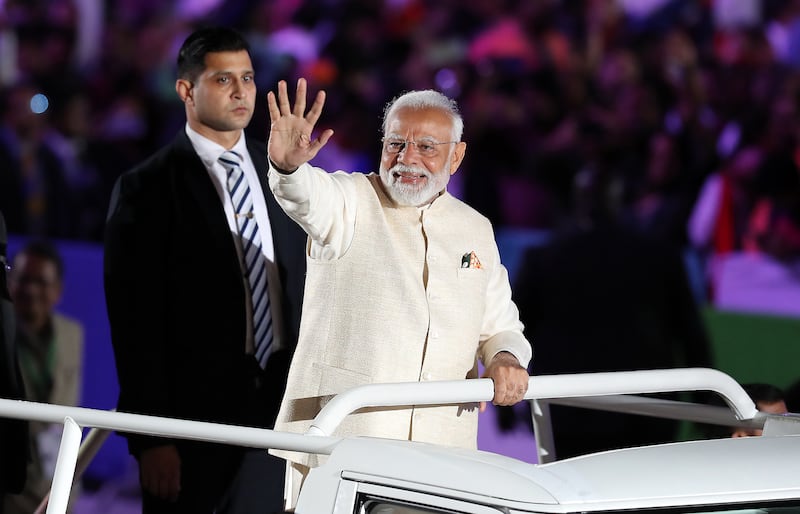 Narendra Modi, Prime Minister of India, after his speech during the Ahlan Modi event at Zayed Sports City in Abu Dhabi on February 13. All photos: Pawan Singh / The National