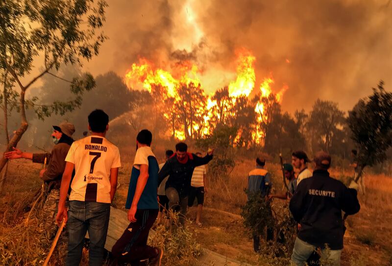 Villagers attempt to put out a wildfire in Achallam, Tizi Ouzou.