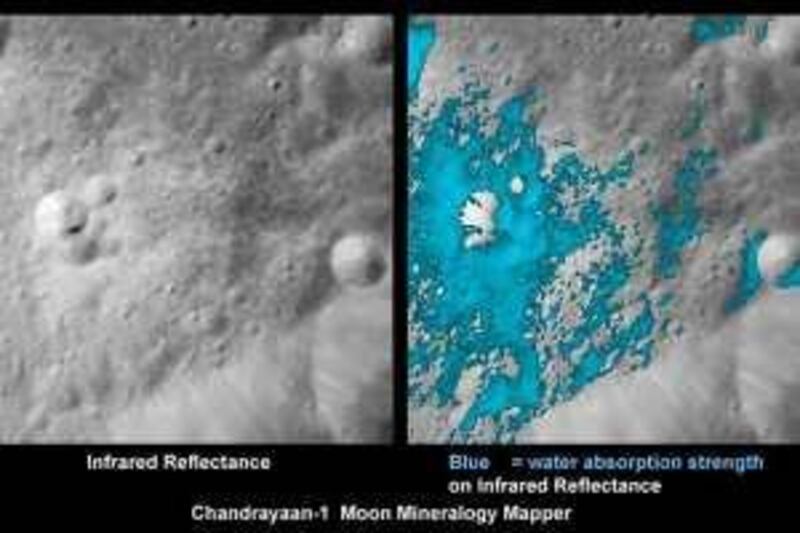 This combination image release September 28, 20009 shows water that has been discovered on the surface of the Moon. No lakes have been found, but rather NASA's Moon Mineralogy Mapper aboard India's new Chandrayaan-1 lunar orbiter radios back that parts of the Moon's surface absorb a very specific color of light identified previously only with water. Currently, scientists are trying to fit this with other facts about the Moon to figure out how much water is there, and even what form this water takes. Unfortunately, even the dampest scenarios leave our moon dryer than the driest of Earth's deserts. A fascinating clue being debated is whether the water signal rises and falls during a single lunar day. If true, the signal might be explainable by hydrogen flowing out from the Sun and interacting with oxygen in the lunar soil. This could leave an extremely thin monolayer of water, perhaps only a few molecules thick. Some of the resulting water might subsequently evaporate away in bright sunlight. Pictured above, the area near a crater on the far side of the Moon shows a relatively high abundance of water-carrying minerals in false-color blue. AFP PHOTO/HO/ISRO/NASA/JPL/