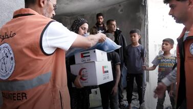The UAE distributes aid across Gaza's southern city of Khan Younis on April 19.