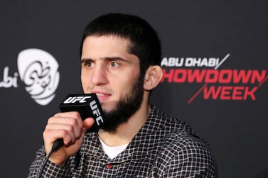 Fighter Islam Makhachev speaks at the press conference. UFC lightweight bout between Dan Hooker (blue) and Islam Makhachev (red) at UFC 267. Etihad Arena, Yas Island, Abu Dhabi