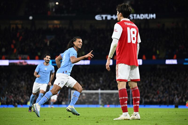 Manchester City's defender Nathan Ake after scoring against Arsenal at the Etihad Stadium. AFP