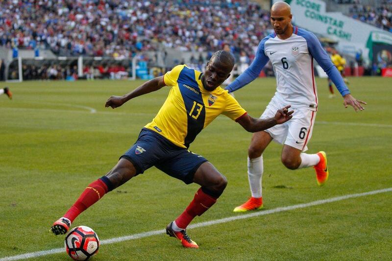 Enner Valencia #13 of Ecuador controls the ball against John Brooks #6 of the United States during the 2016 Quarterfinal - Copa America Centenario match at CenturyLink Field on June 16, 2016 in Seattle, Washington. The United States beat Ecuador 2-1. Otto Greule Jr/Getty Images