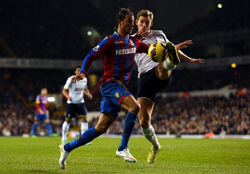 Jan Vertonghen of Spurs attempts to clear the ball under pressure from Marouane Chamakh of Crystal Palace during their Premier League match on Saturday. Paul Gilham / Getty Images
