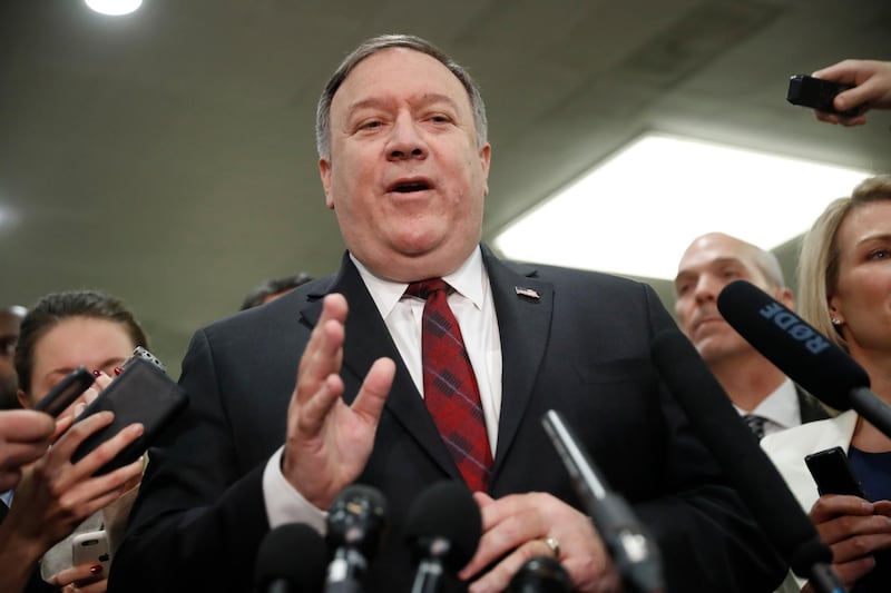 FILE - In this Nov. 28, 2018, file photo, Secretary of State Mike Pompeo speaks to members of the media at the Capitol in Washington. The Trump administration has placed Pakistan on its list of worst offenders for nations that infringe on religious freedom. Pompeo says he added Pakistan to its list of â€œcountries of particular concernâ€ regarding protection for people to worship according to their beliefs. (AP Photo/Pablo Martinez Monsivais, File)