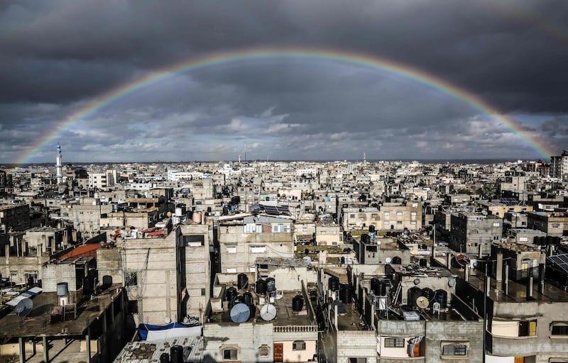 A rainbow in the sky above Rafah on a rainy day at sunset in the southern Gaza Strip.  AFP