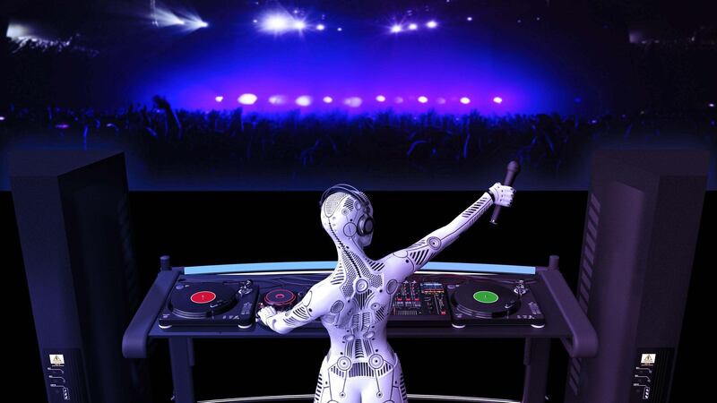 2AT4N5E DJ android, disc jockey robot with microphone playing music on turntables, cyborg on stage with deejay audio equipment, back view, 3D rendering. Alamy