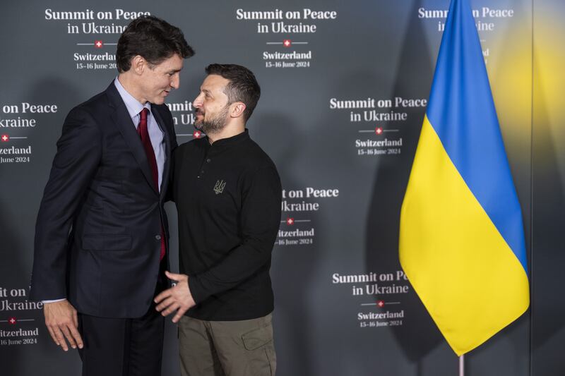 Canadian Prime Minister Justin Trudeau, left, with Mr Zelenskyy. EPA 