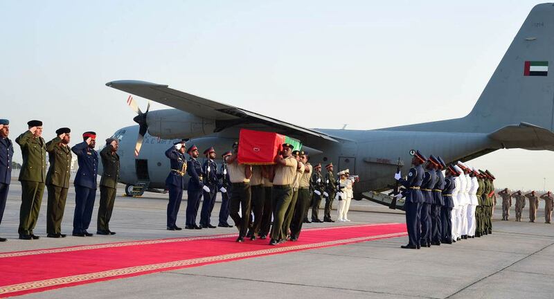 The body of Serg Ali Khalifa Al Massmari arrived at Al Bateen Airport in Abu Dhabi this morning. WAM