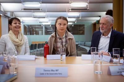 Swedish climate activist Greta Thunberg, center, meets leaders of the UK political parties, including Green Party leader Caroline Lucas, left, and Labour leader Jeremy Corbyn, right, and a chair was reserved for Theresa May, to discuss the need for cross-party action to address the climate crisis, at the House of Commons in Westminster, London, Tuesday, April 23, 2019. (Stefan Rousseau/PA via AP)