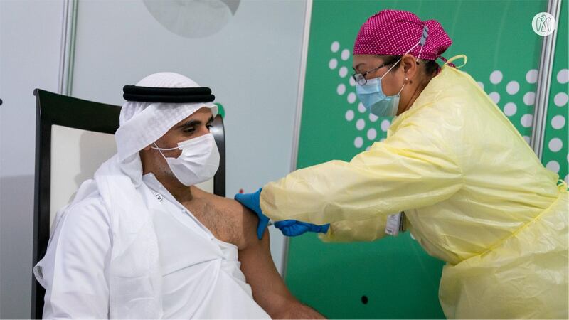 Sheikh Khalid bin Mohammed, chair of Abu Dhabi's Executive Office, takes the first dose of the Sinopharm vaccine. Courtesy: Abu Dhabi Media Office