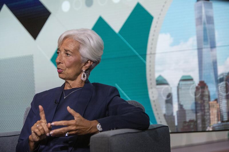 Christine Lagarde, former chairman of the International Monetary Fund (IMF), speaks during a Bloomberg Television interview in New York, U.S., on Tuesday, Sept. 24, 2019. Lagarde said the trade dispute between China and the U.S. is the biggest challenge faced by the world economy, according to an article on CNBC's website. Photographer: Victor J. Blue/Bloomberg