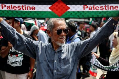 A protester in solidarity with the Palestinian people, in Kuala Lumpur, Malaysia, on April 5. EPA 