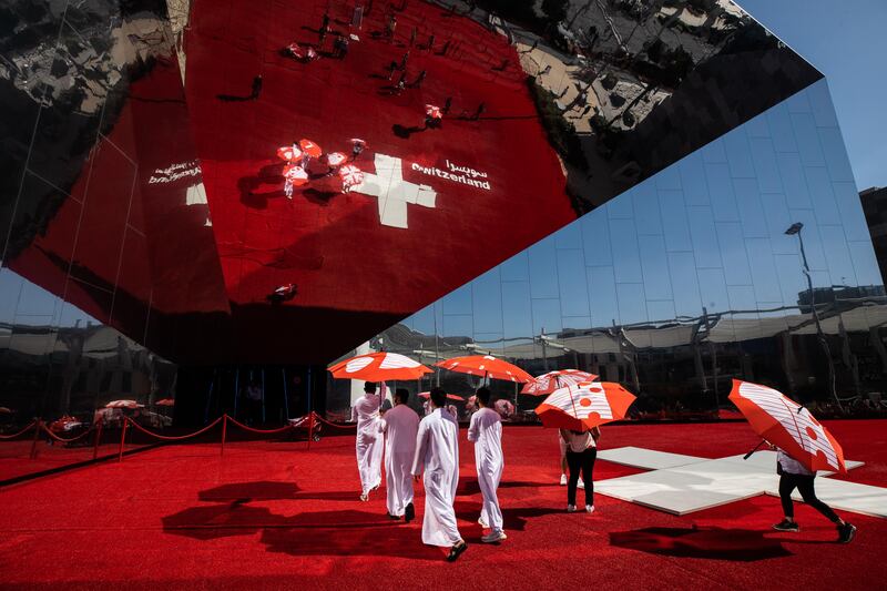 Visitors outside the Switzerland pavilion. Photo: Mahmoud Khaled / Expo 2020 Dubai