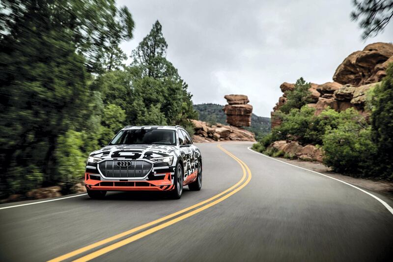 The Audi e-tron prototype being tested at Pikes Peak, Colorado. The car will be fully unveiled in San Francisco in mid-September. Audi