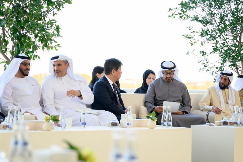 Also in attendance were Sheikh Tahnoun bin Mohamed, Ruler's Representative in Al Ain Region, right, Khaldoon  Al Mubarak, Abu Dhabi Executive Council member, chairman of the Executive Affairs Authority and group chief executive of Mubadala Investment Company, fourth right, and Sheikh Hamdan bin Zayed