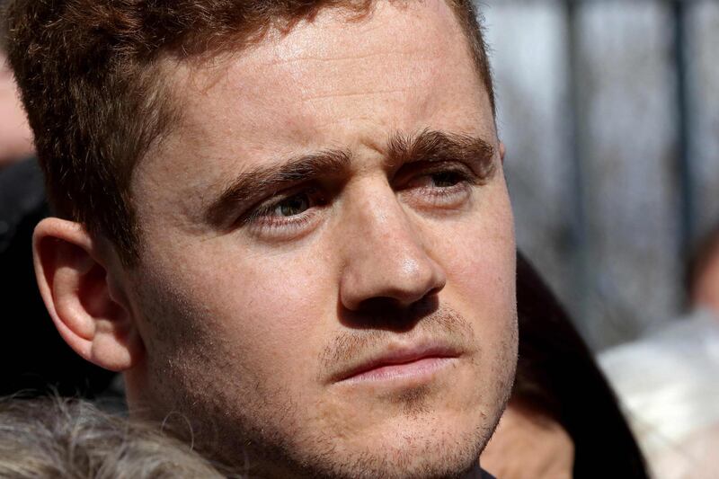 Irish rugby player Paddy Jackson speaks to members of the media as he leaves court in Belfast on March 28, 2018, after being found not quilty of a charge of rape.
Ireland rugby players Paddy Jackson and Stuart Olding were on Wednesday acquitted of raping a woman in Belfast in 2016. / AFP PHOTO / Paul FAITH