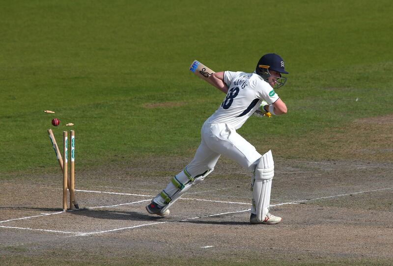 Nick Gubbins of Middlesex is bowled out by Lancashire's Tom Bailey during the County Championship Division Two match at Old Trafford on Friday. Getty