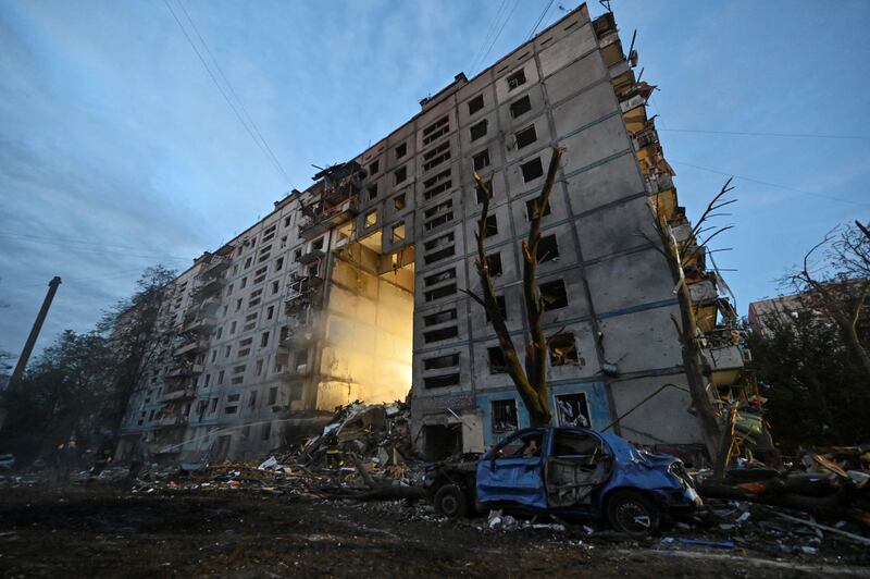 A residential building damaged by a Russian missile strike in Zaporizhzhia, Ukraine. Reuters