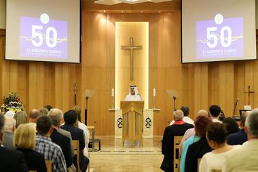 Sheikh Nahyan bin Mubarak Al Nahyan, Minister of Tolerance ( center ) speaking during the celebration as part of the 50th anniversary of the St Andrew’s Church in Abu Dhabi. ( Pawan Singh / The National 