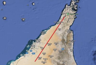 The map of the upcoming run from Ras Al Khaimah to Dubai. Photo: Dani Afiouni
