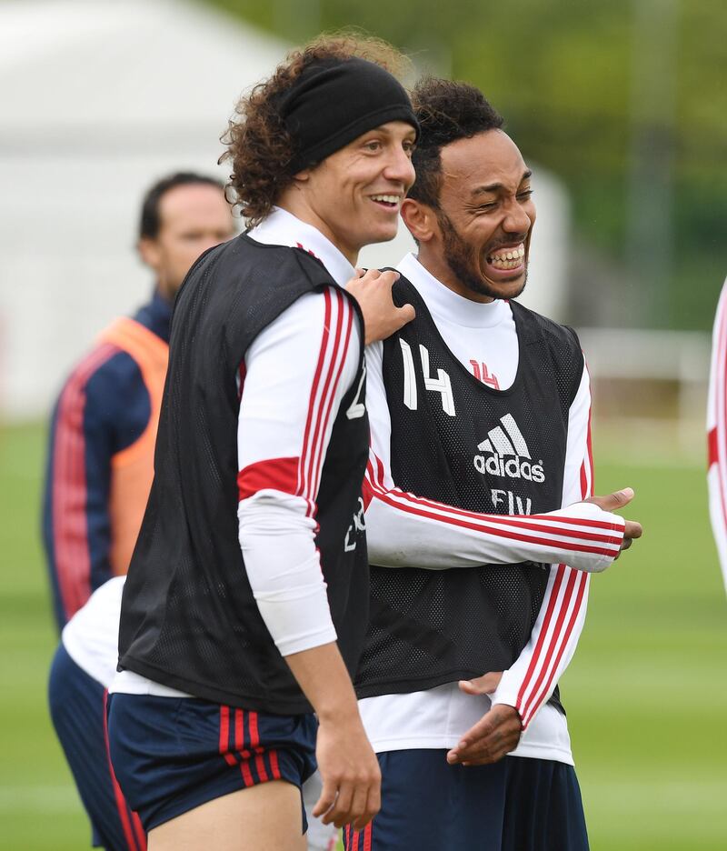 ST ALBANS, ENGLAND - JUNE 05: (L-R) David Luiz and Pierre-Emerick Aubameyang of Arsenal during a training session at London Colney on June 05, 2020 in St Albans, England. (Photo by Stuart MacFarlane/Arsenal FC via Getty Images)