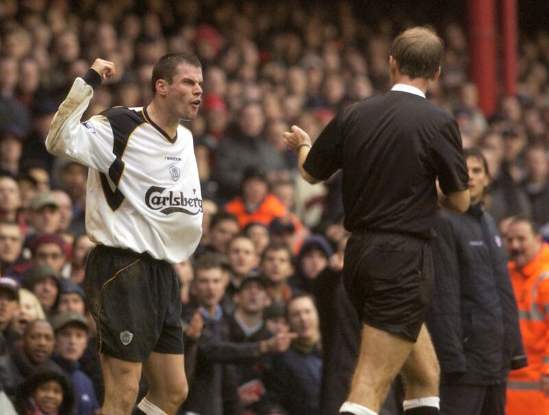 27 Jan 2002:  Jamie Carragher of Liverpool is sent off during the AXA FA Cup 4th Round match between Arsenal and Liverpool at Highbury, London.  DIGITAL IMAGE Mandatory Credit: Shaun Botterill/Getty Images